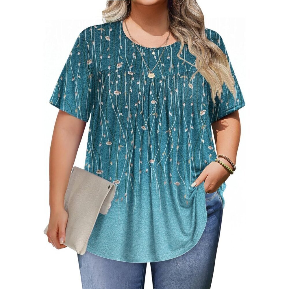 Plus Size Women's Floral Tunic Top Short Sleeve Casual Blouse for Summer